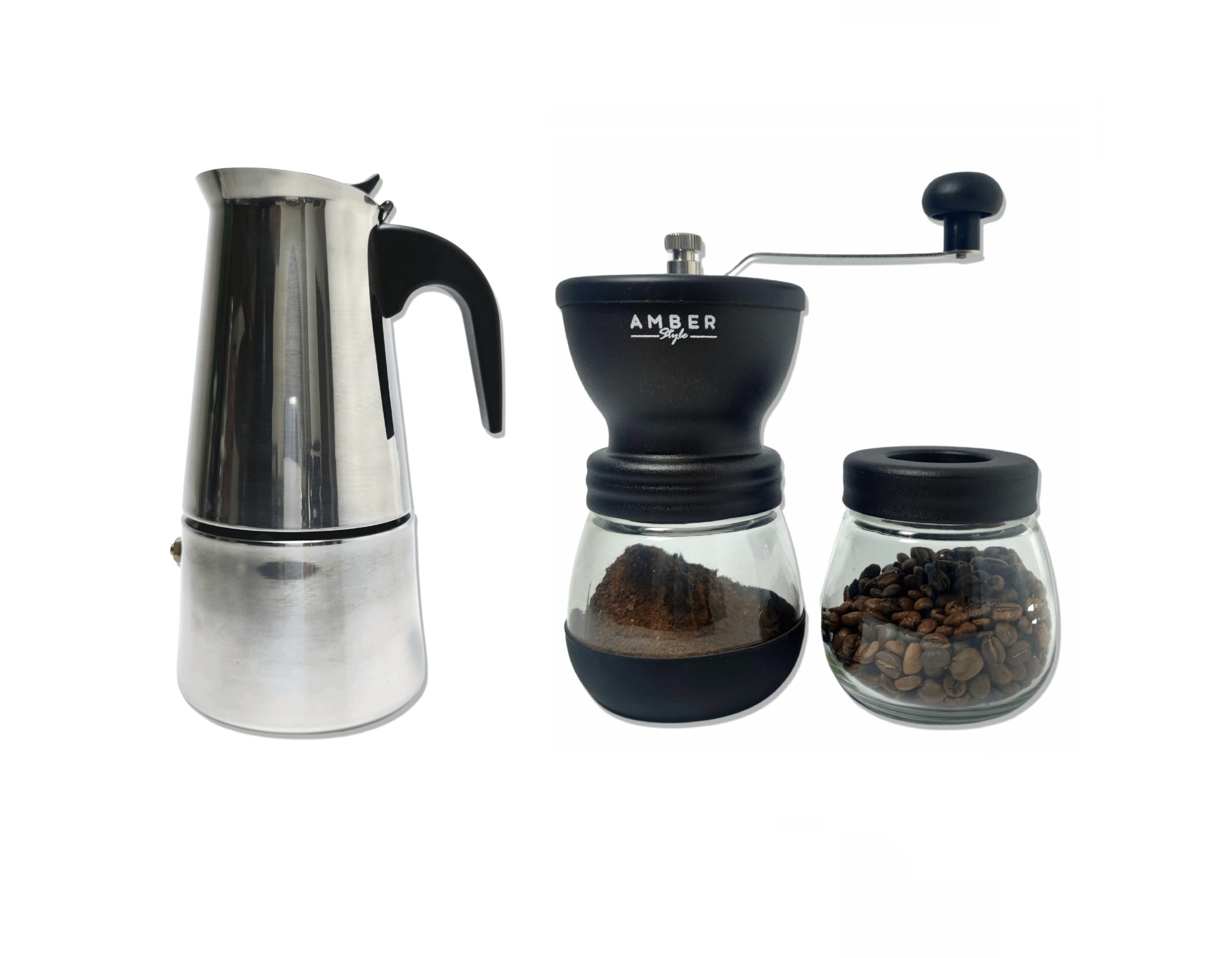 KIT08-scaled-1.jpg Moka de Acero Inoxidable 450 ml + Molino de Vidrio - Imagen 1